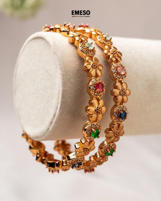 Floral-Oval Micro Gold Plated Bangles with Ruby, Emerald, and American Diamond Stones
